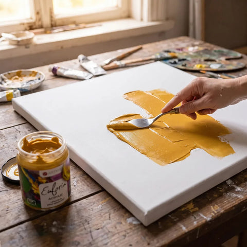 Applying ARTMiE Euforia acrylic paint to canvas with a palette knife, impasto technique