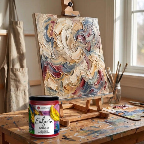 Freshly painted impasto painting with ARTMiE Euforia paints drying on an easel