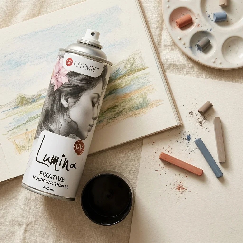 ARTMiE Lumina Fixative Spray beside a pastel drawing made with soft pastels and a palette