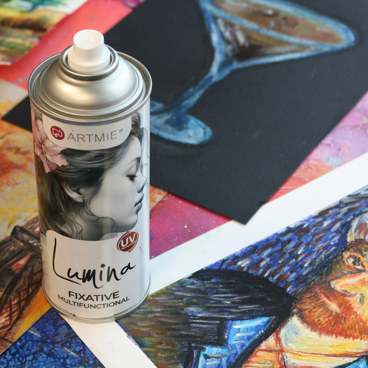 ARTMiE Lumina Fixative Spray on colorful pastel drawings