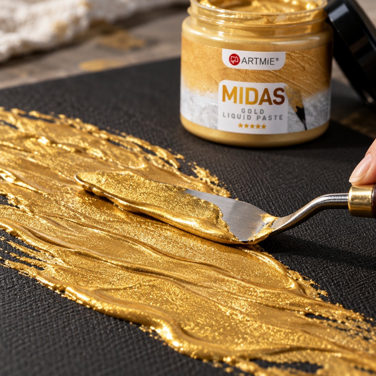 Applying ARTMiE MIDAS gold metallic paste with a palette knife to black canvas — close-up