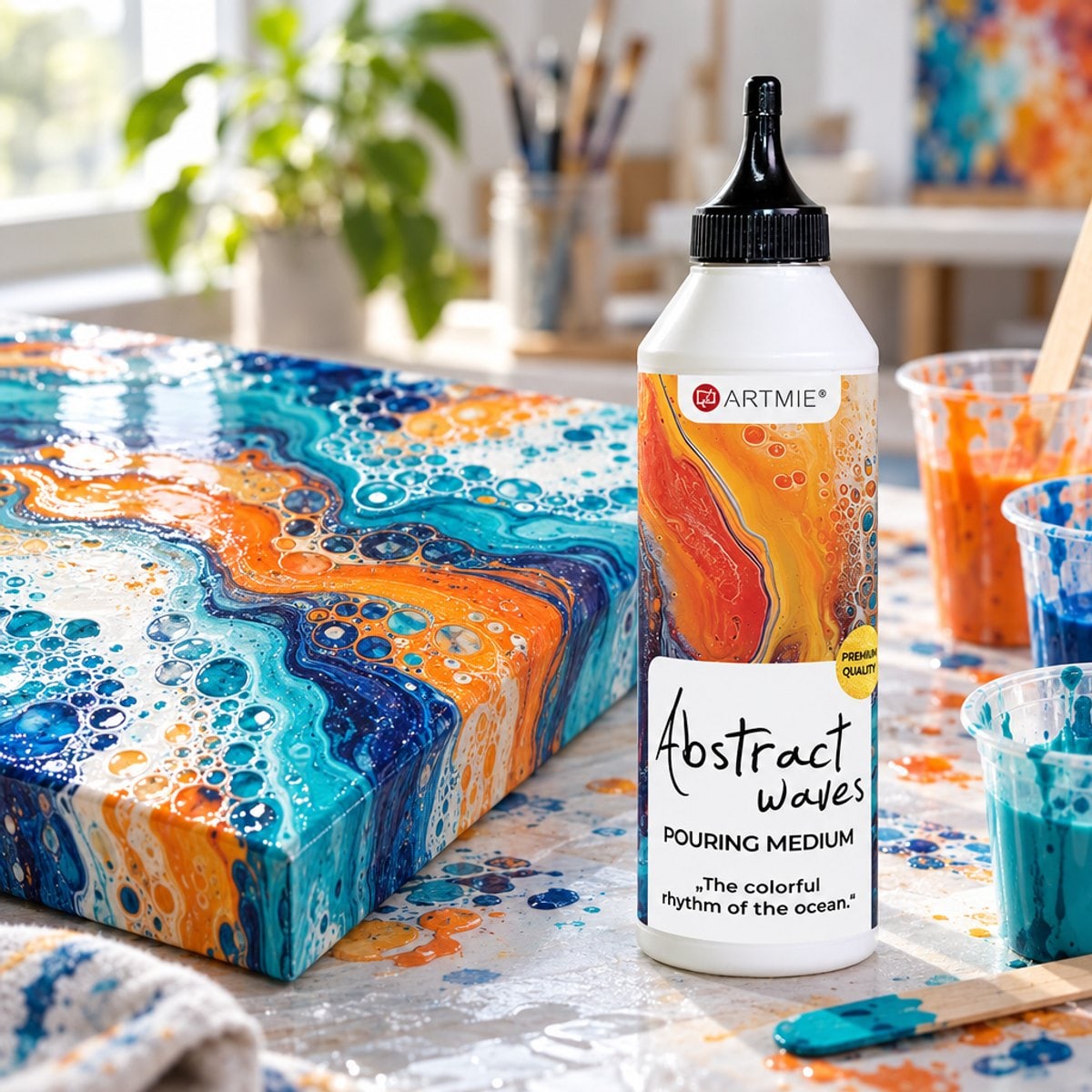 ARTMIE Abstract waves pouring medium 500 ml and a finished painting with cells
