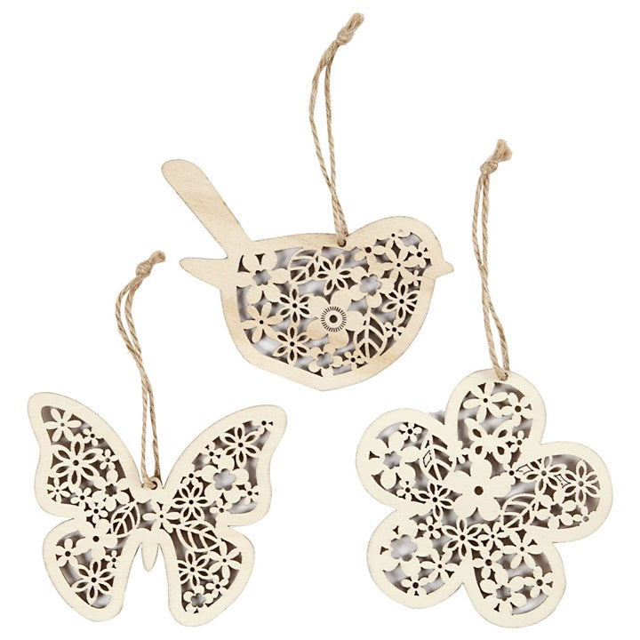 Hanging Wooden Ornaments with String - Set of 3