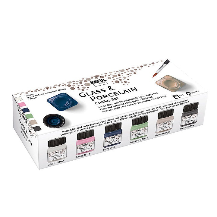 Kreul Chalk Paints for Glass and Porcelain, Set of 6 x 20 ml + Brush