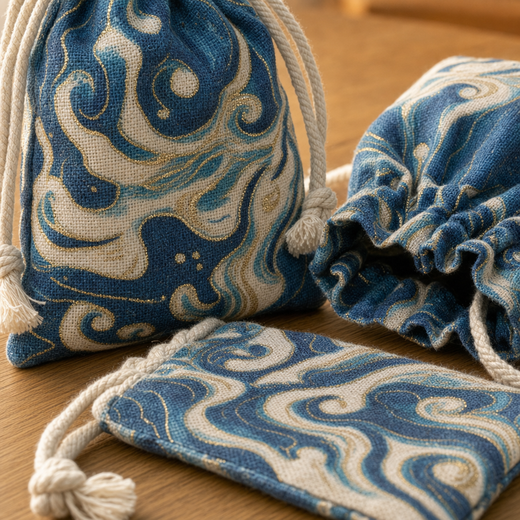 Linen Drawstring Gift Bag with Wave Pattern 7 x 9 cm - 3 pcs