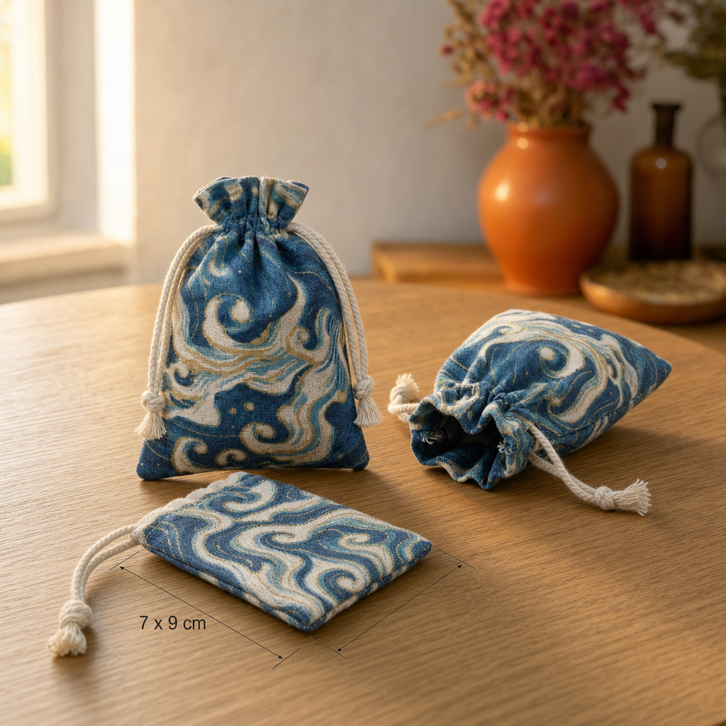 Linen Drawstring Gift Bag with Wave Pattern 7 x 9 cm - 3 pcs