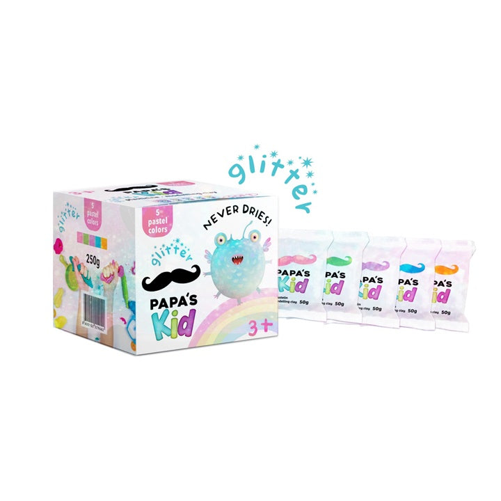 Papa's Kid Modeling Clay for Kids, Pastel and Glitter Set of 5 x 50 g