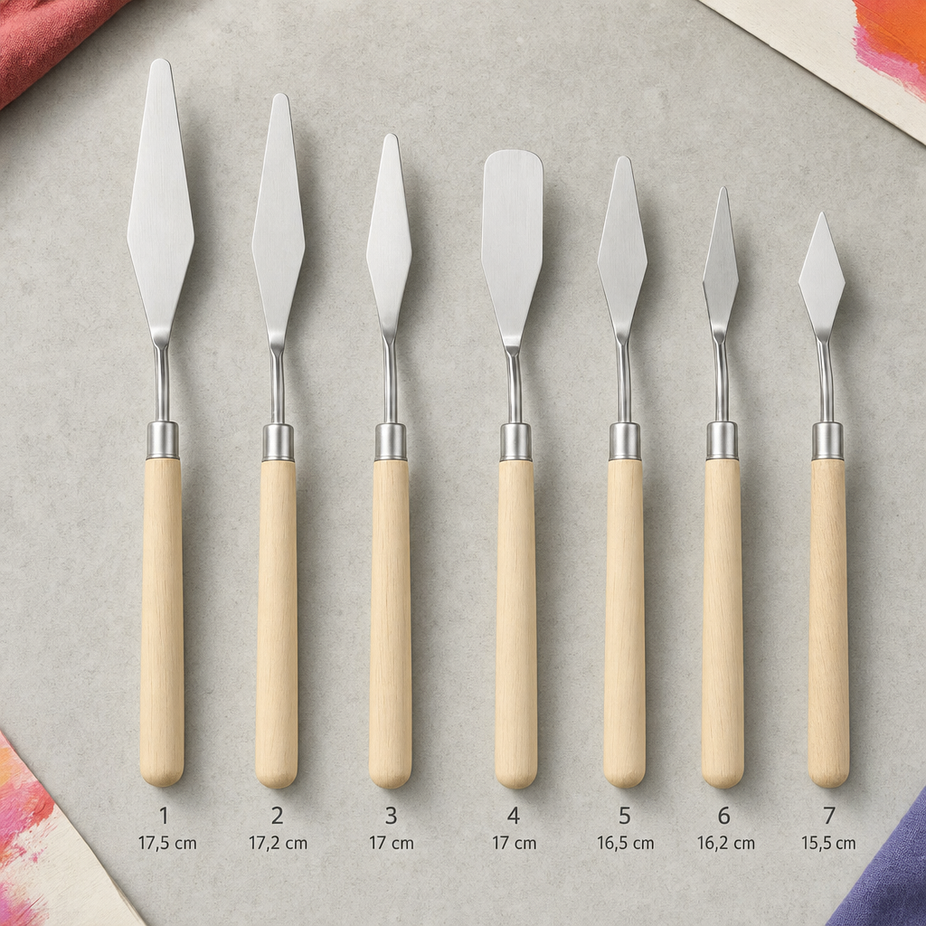 Stainless steel painting palette knife with wooden handle – Shape 7 – small diamond-shaped palette knife (15.5 cm)