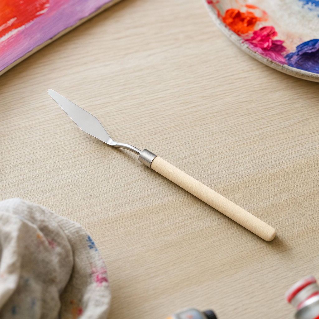Stainless steel painting palette knife with wooden handle – Shape 3 – narrow teardrop-shaped palette knife (17 cm)
