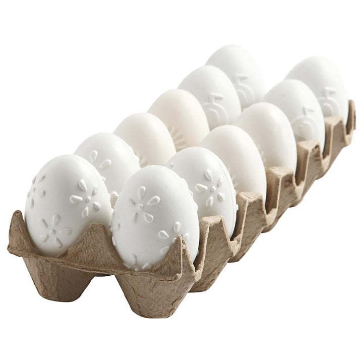 White Plastic Eggs with Patterns, 12 pcs / 6 cm