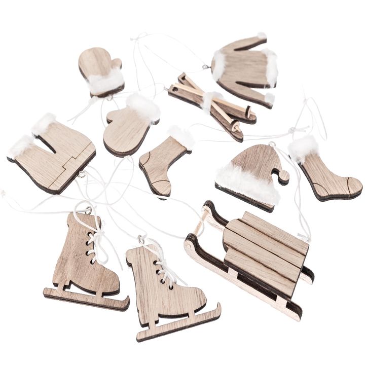Wooden Decorative Ornaments with Christmas Motifs, Set of 12
