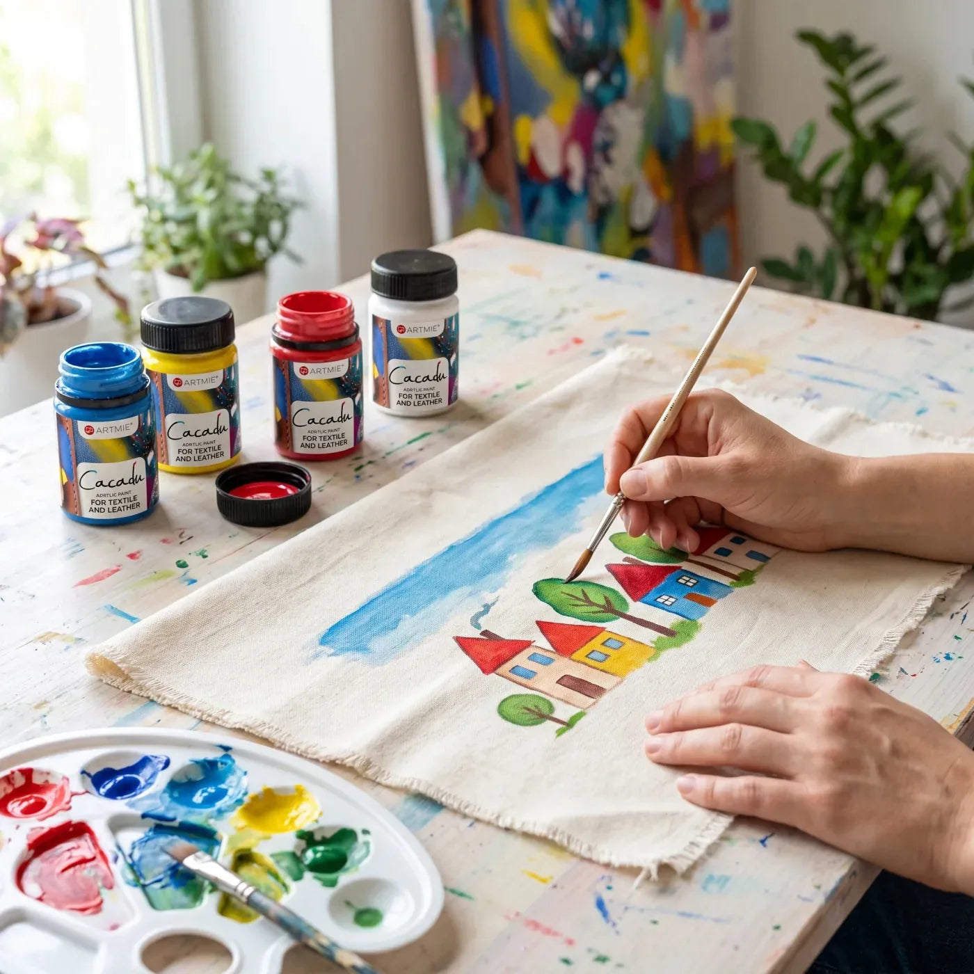 Painting colorful little houses with Cacadu paints on cotton fabric