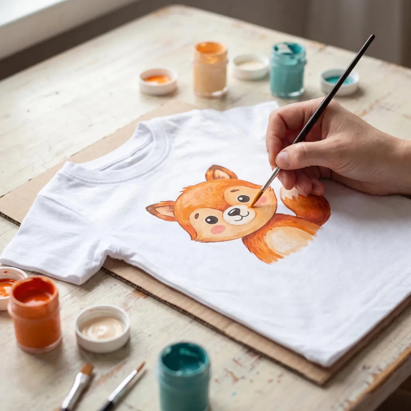 A fairytale fox painted with fabric paints on a child’s T-shirt