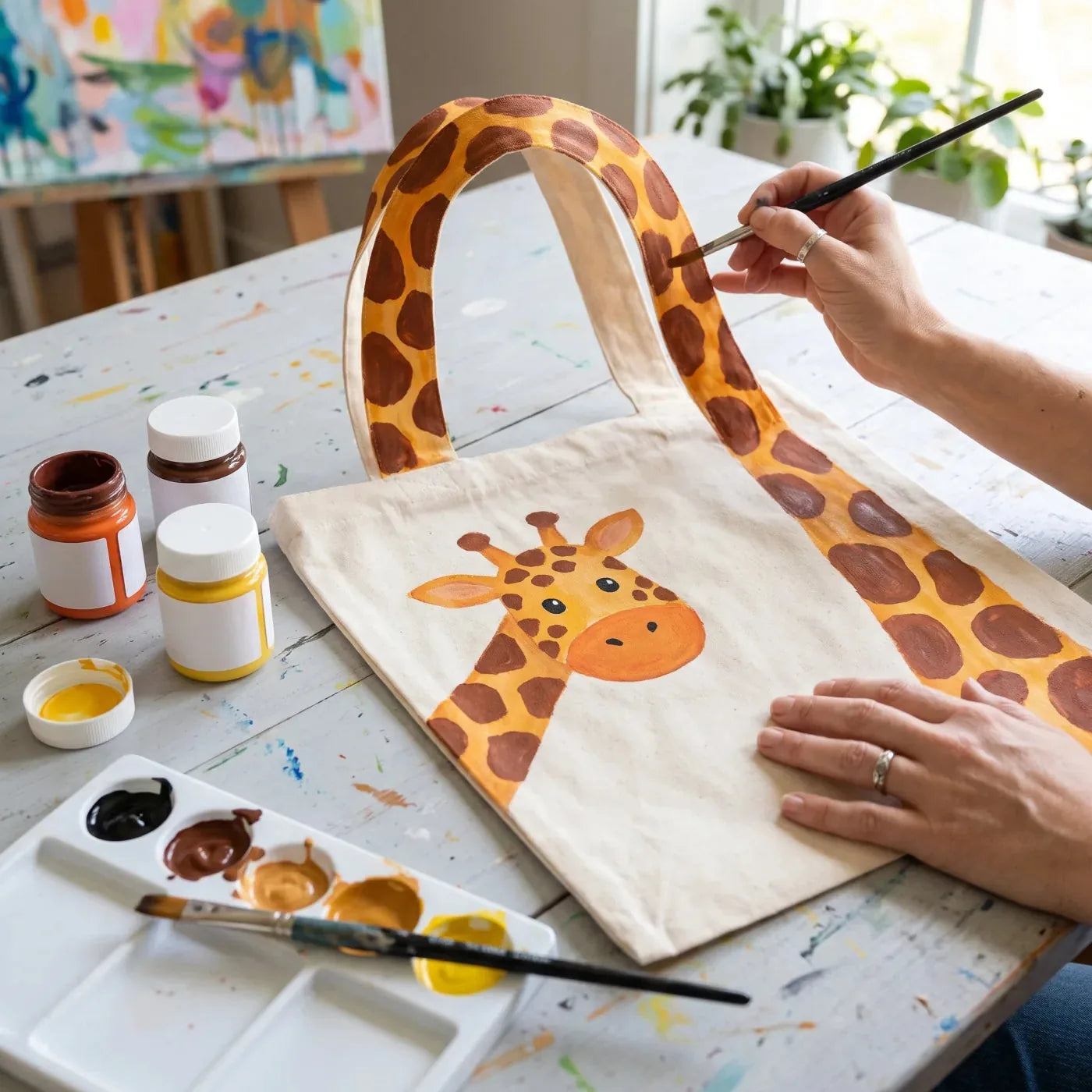 A giraffe painted with fabric paint on a canvas bag, its neck painted along the bag’s handle