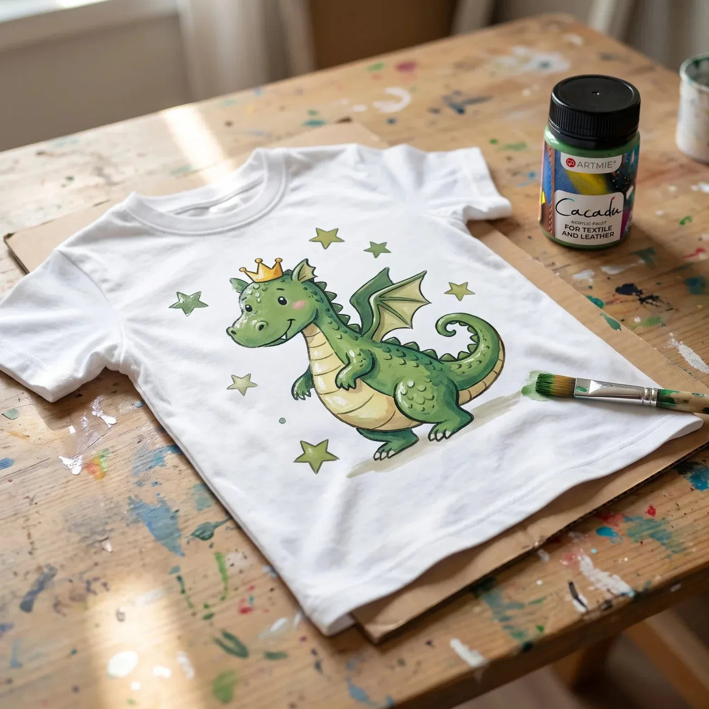 A finished dragon motif with stars, painted with Cacadu paints, drying on a T-shirt