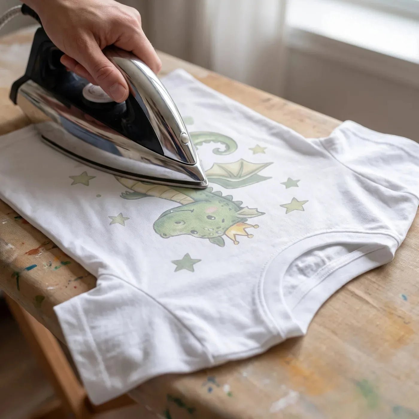 Setting the dragon motif with an iron on the reverse of the T-shirt, turned inside out