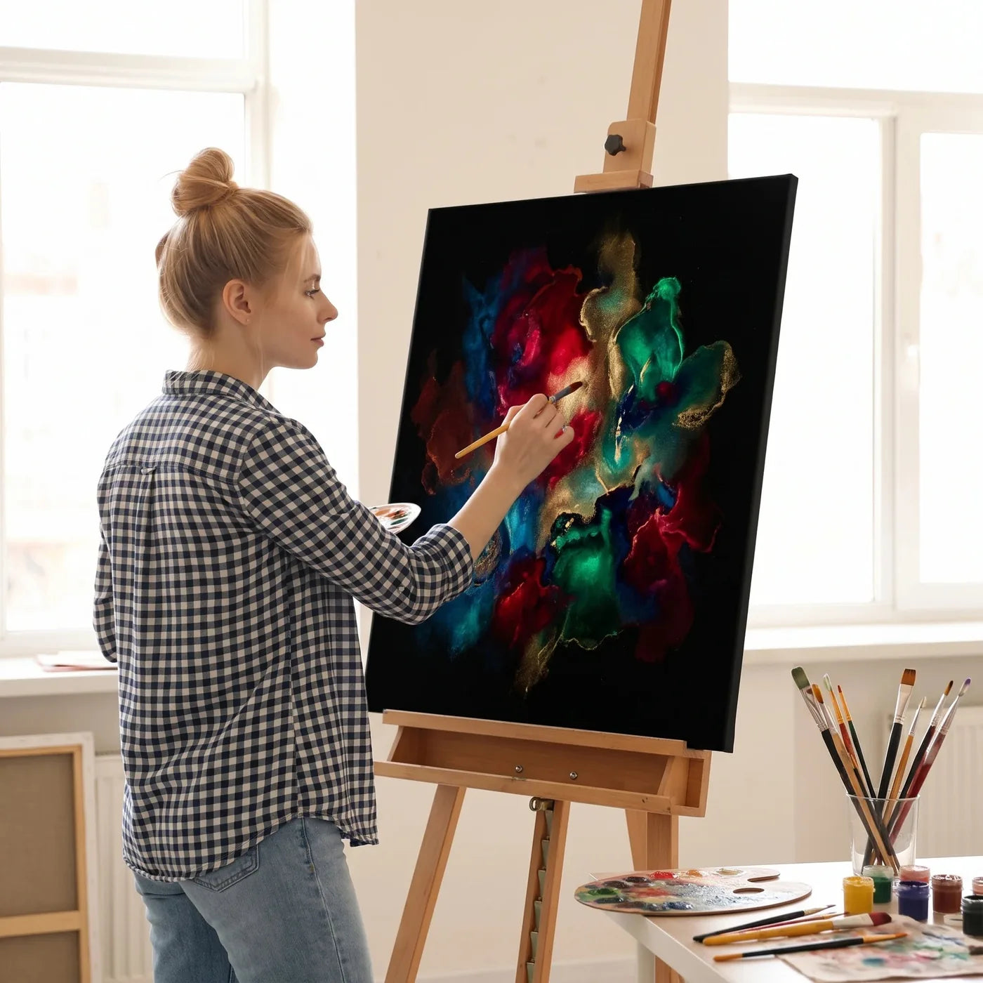 Large black canvas in an artist’s studio
