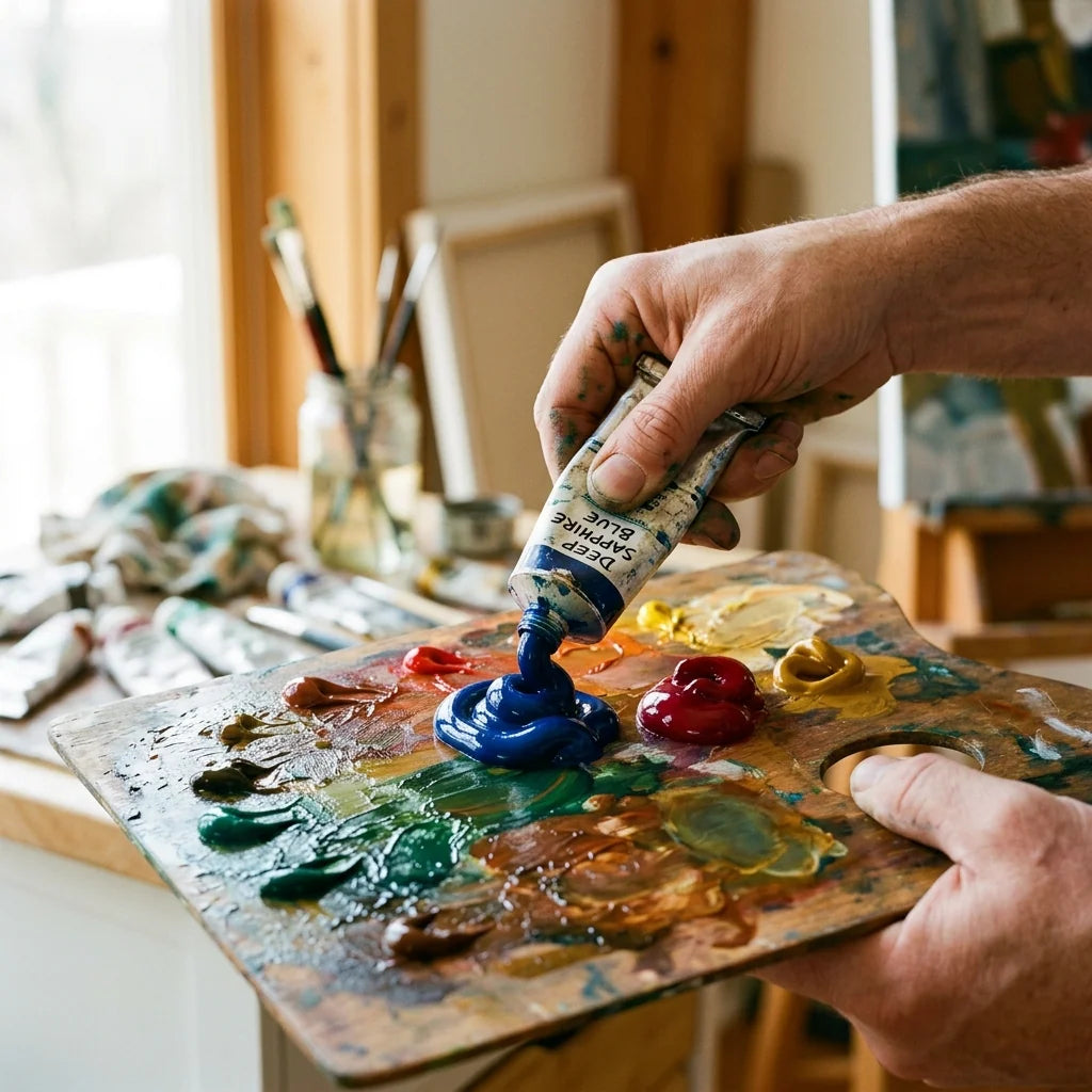 Squeezing oil paints onto a palette