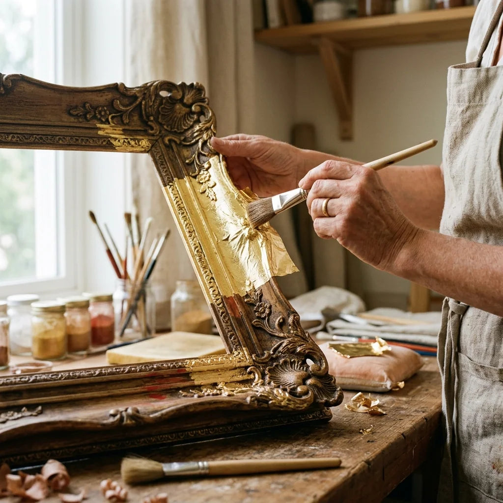 Gilding a decorative frame with gold leaf