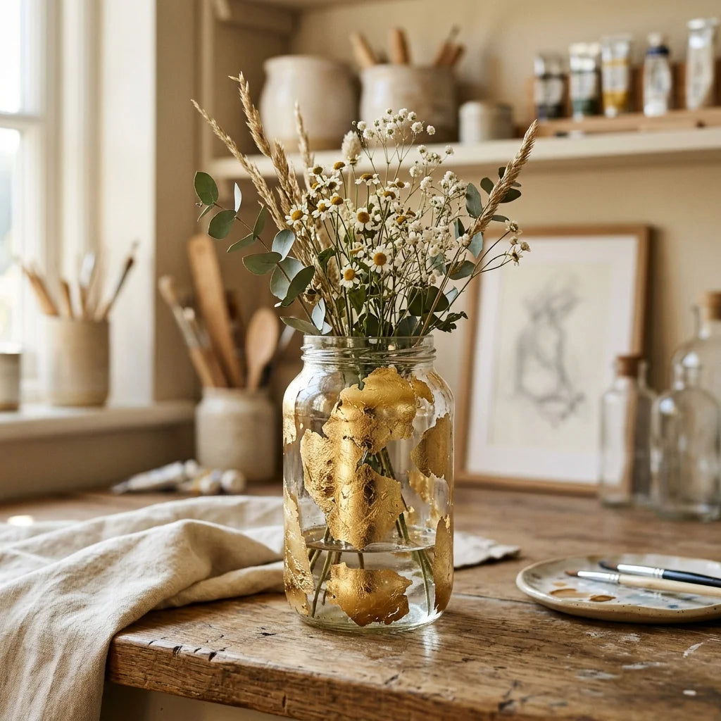 Glass container with gold leaf sheets