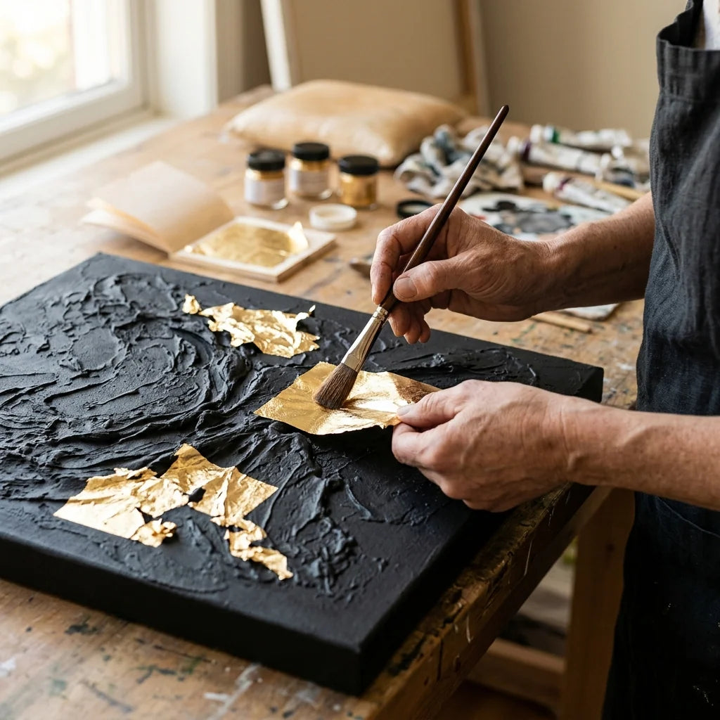 Artist applying gold leaf to a black textured surface on canvas