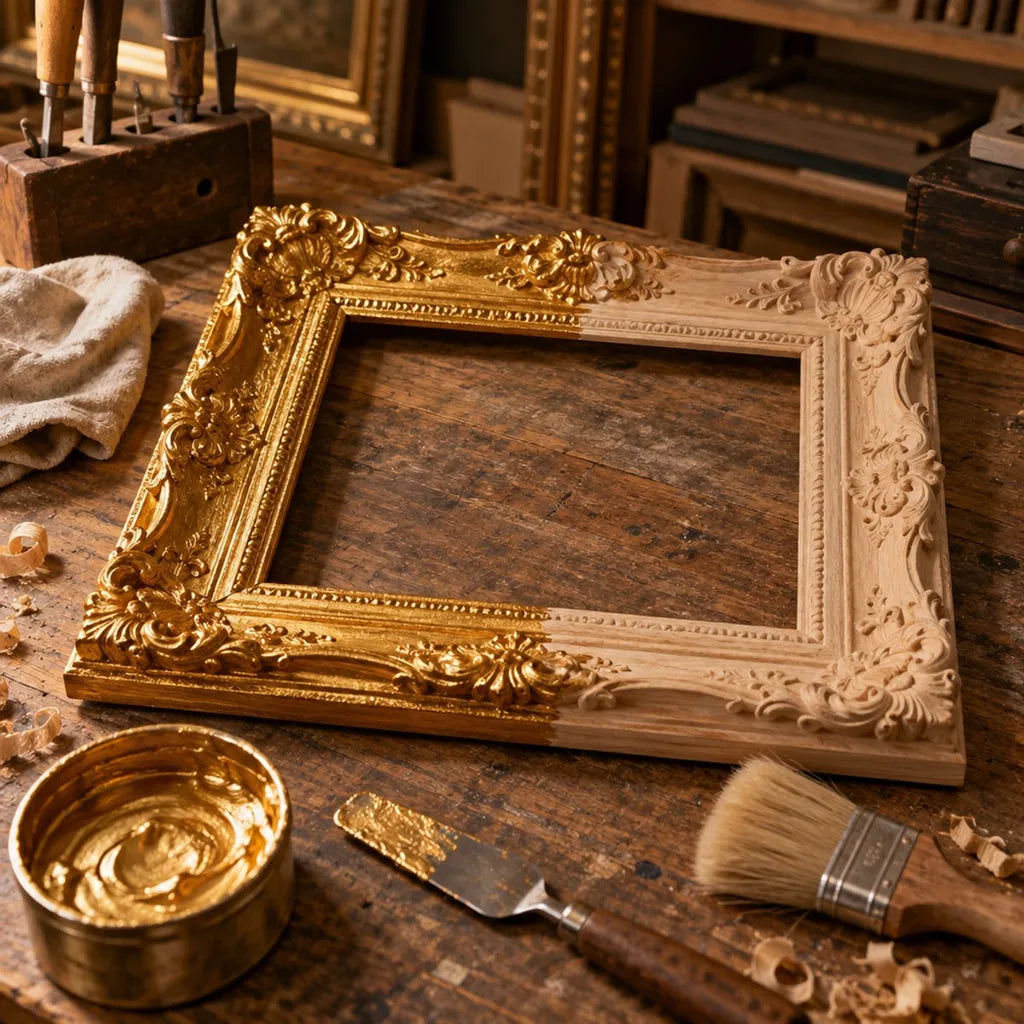 Carved wooden picture frame half-gilded with fluid ARTMiE MIDAS paste
