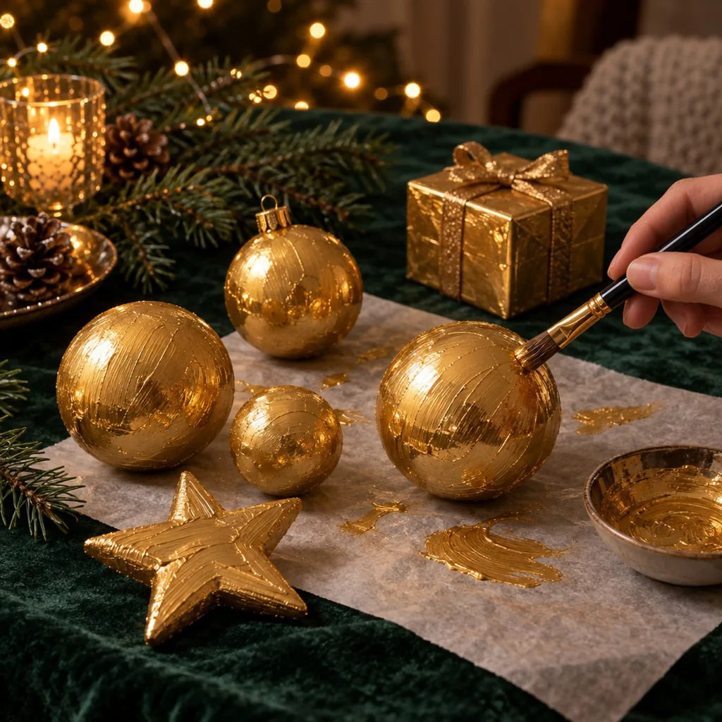 Christmas ornaments and a star made of polystyrene, and a cardboard box painted with ARTMiE MIDAS gold paste