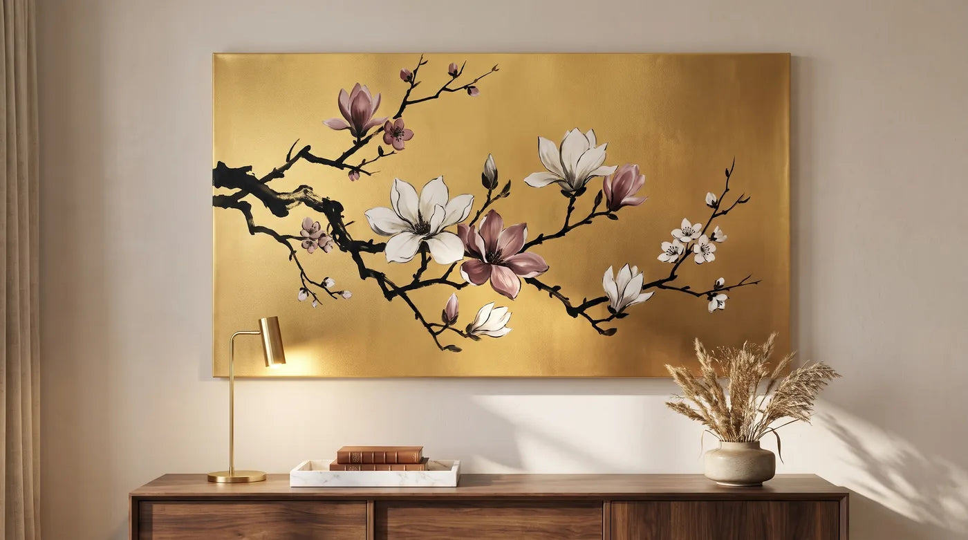 Gold MIDAS canvas with hand-painted magnolia branches, hanging above a living room dresser