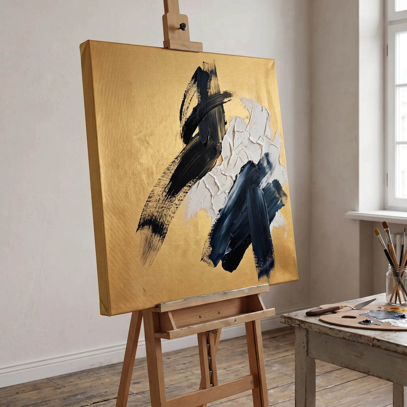 MIDAS gold canvas on an easel in an art studio