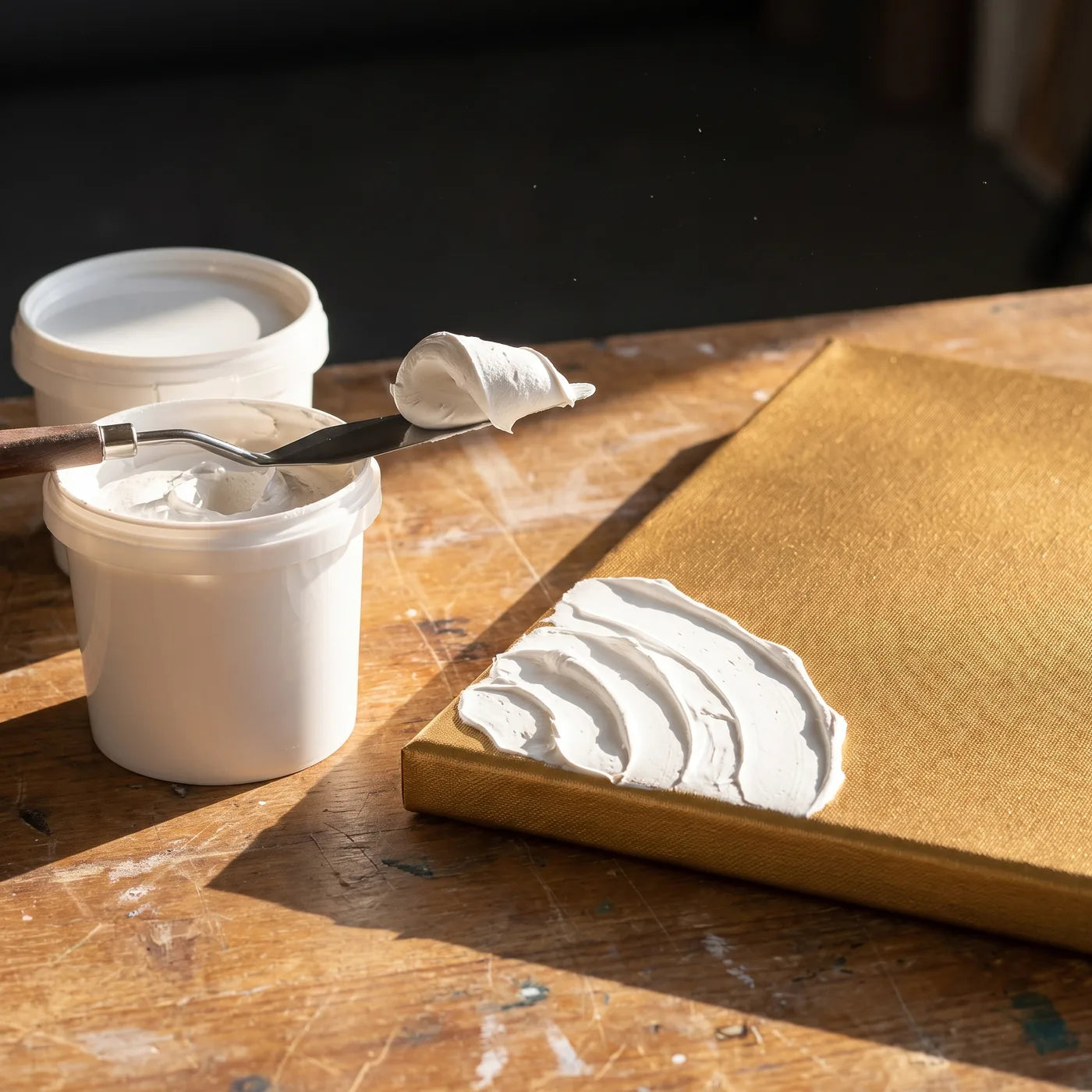 White 3D relief paste by ARTMiE and a palette knife beside a gold MIDAS canvas