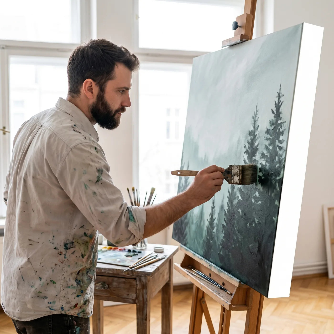 Artist Painting a Misty Forest with Oil Paints on a 3D Canvas with a Deep Edge