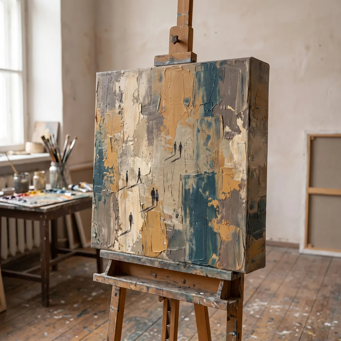 Modern painting on a 3D+ canvas on an easel in a studio — textured background applied with a palette knife and small figures painted with a thin brush; the composition continues onto the deep side