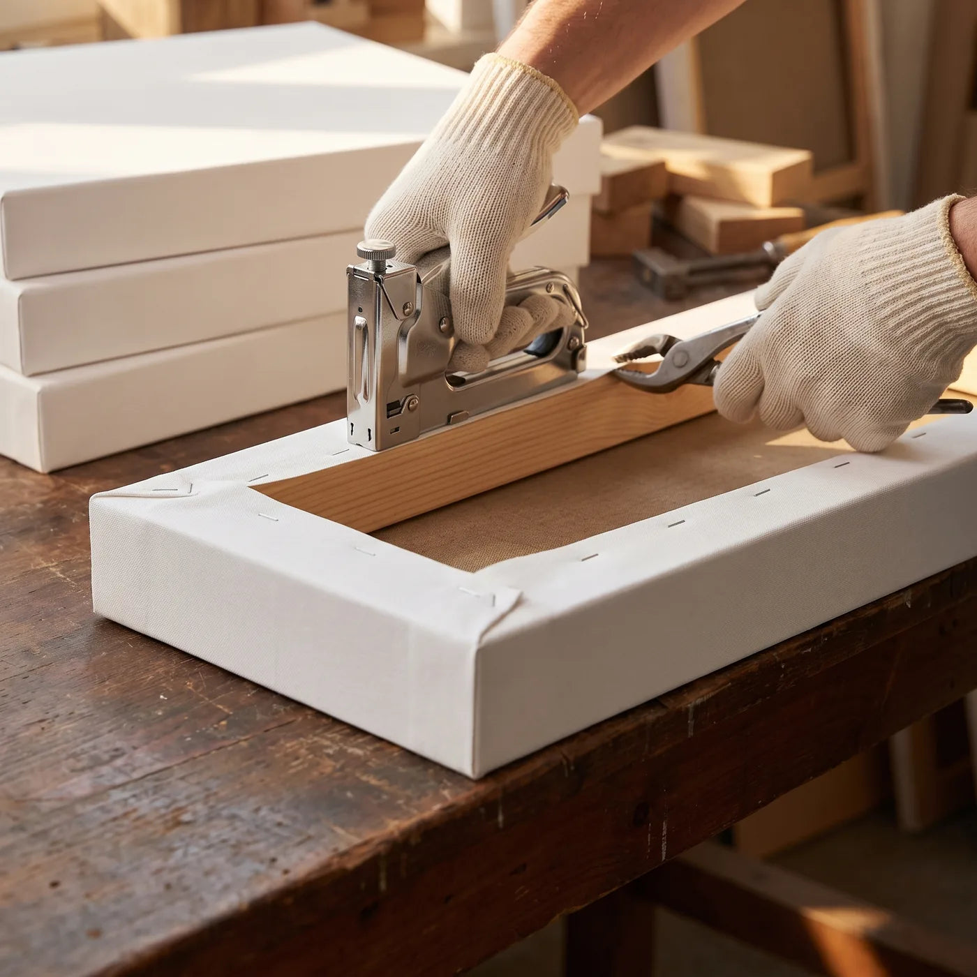 Stapling canvas to a deep spruce stretcher bar in the ARTMiE workshop