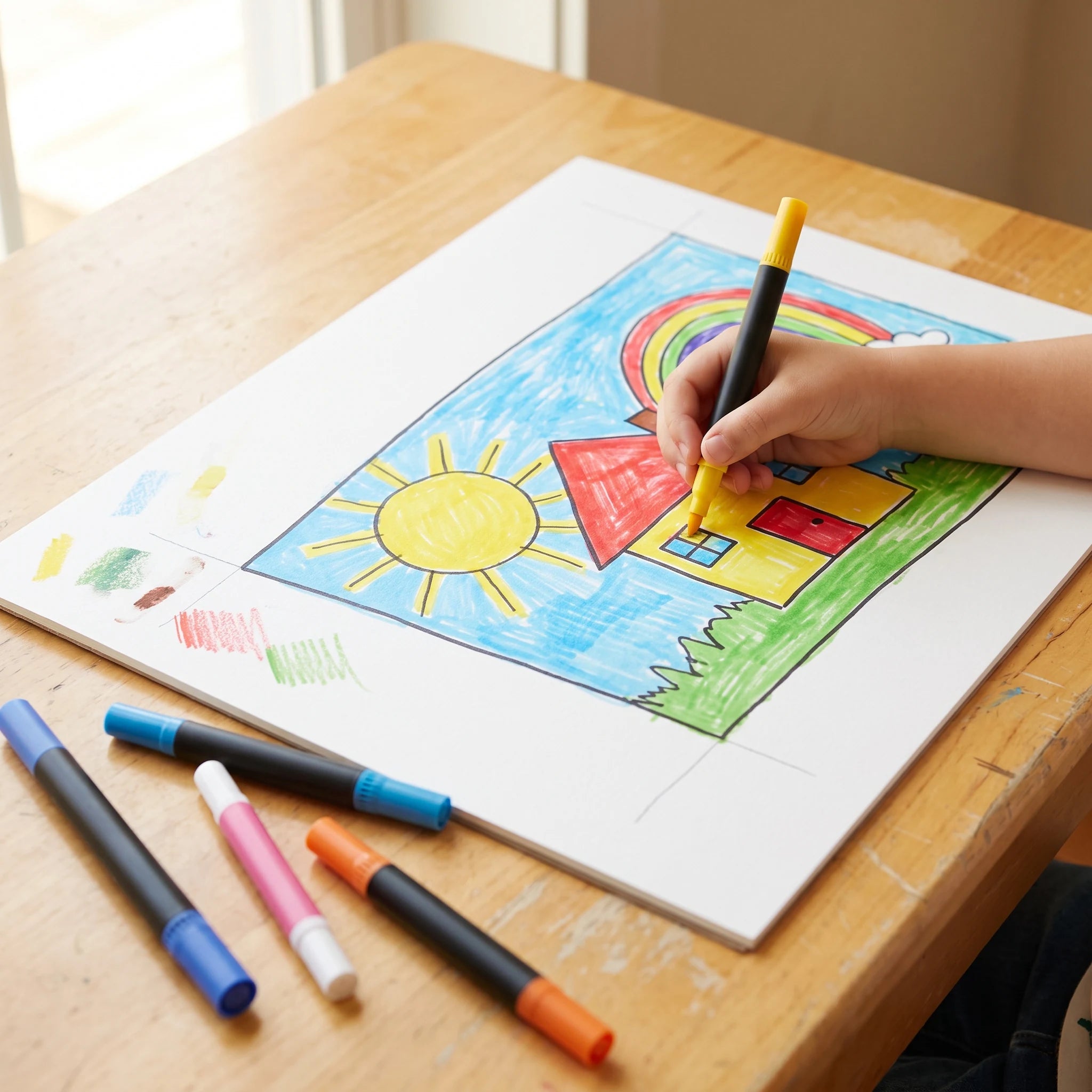 Mixed-media work combining markers, colored pencils, and pastels