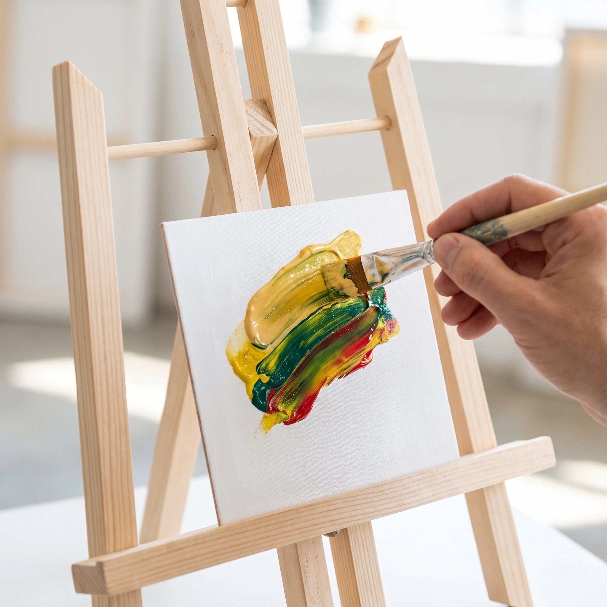 Close-up of thick acrylic paint being applied to canvas with a brush