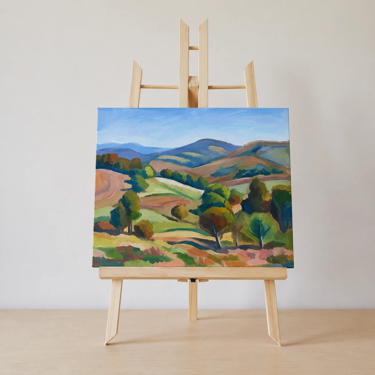 Finished painting on a wooden tabletop easel