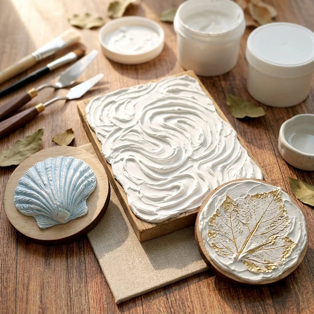 Dimensional decorations made with Butter paste — seashell, topographic patterns, leaf