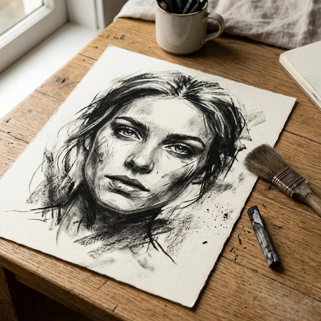 Charcoal drawing fixed with ARTMiE Lumina fixative spray