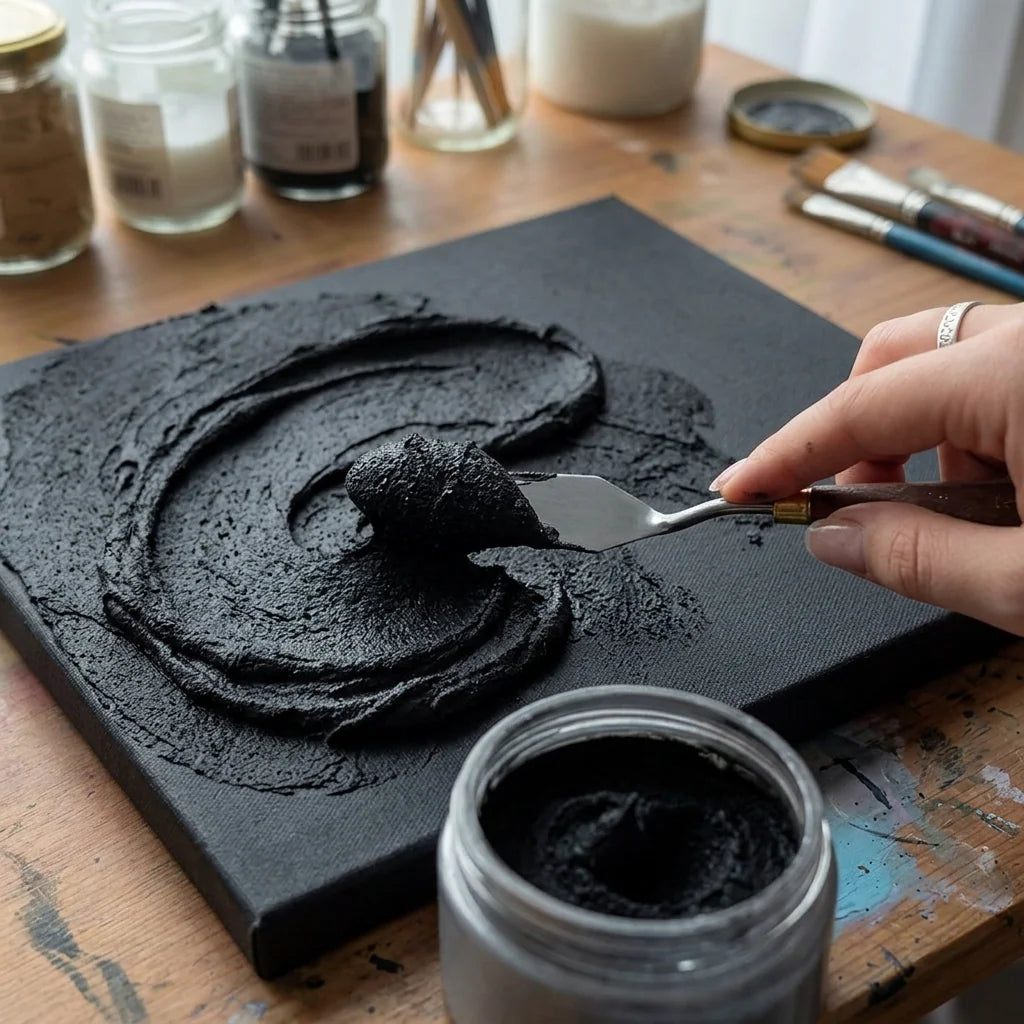 Applying black Midnight paste to canvas with a palette knife