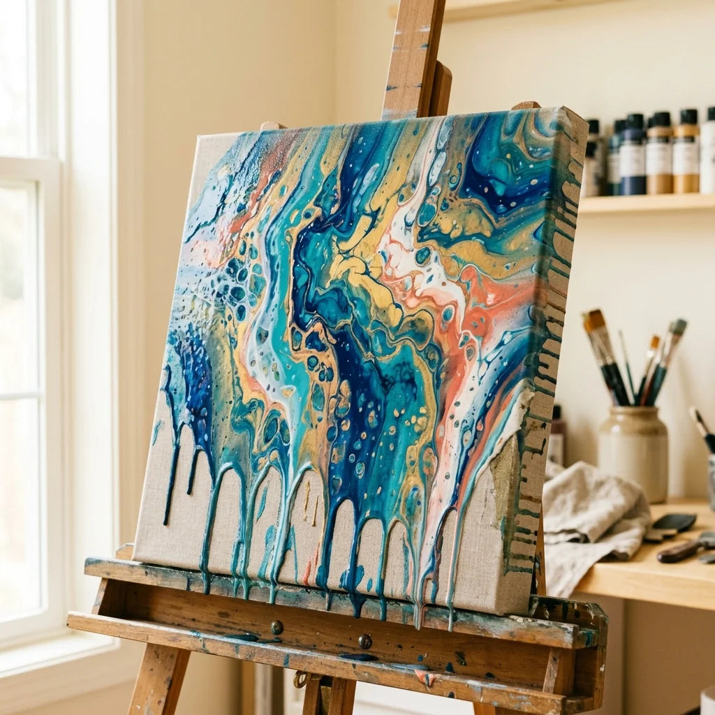 Pouring paint flowing over the edges of a canvas