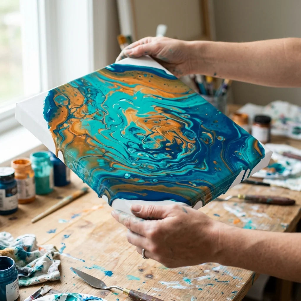 Tilting the canvas to spread the paint