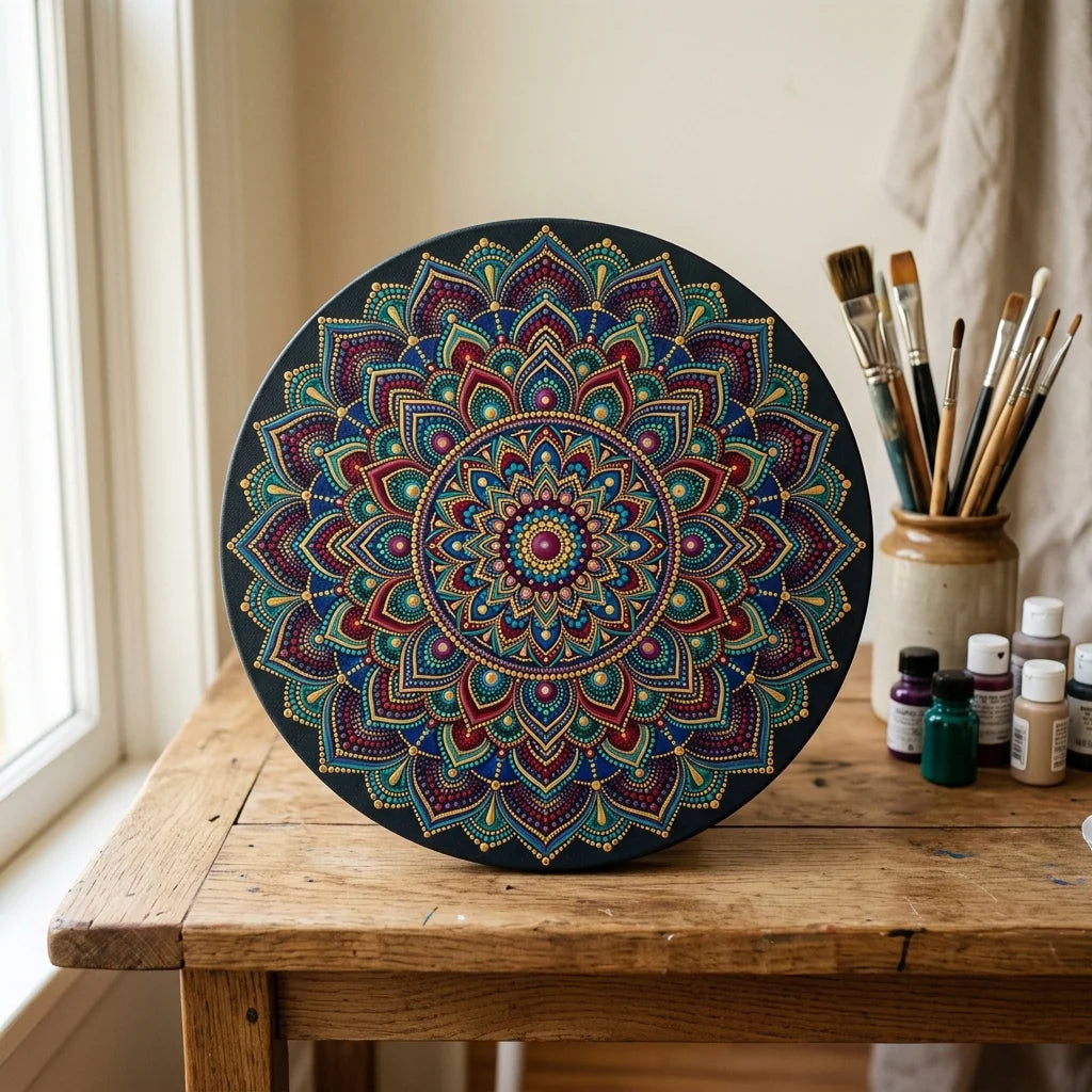 Mandala painted on a round ARTMiE canvas