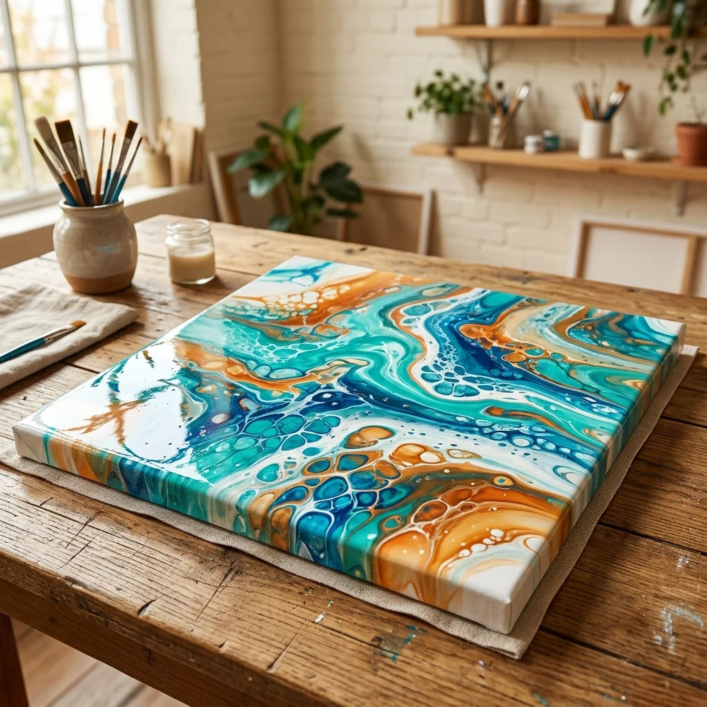 Fluid art painting drying on a flat surface